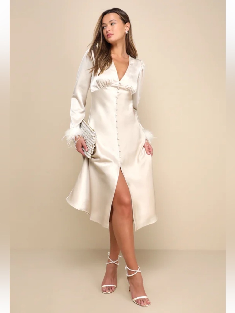 NWOT Lulus Precious Aura Champagne Satin Feather Long Sleeve Midi Dress Sz: XS - Picture 2 of 14